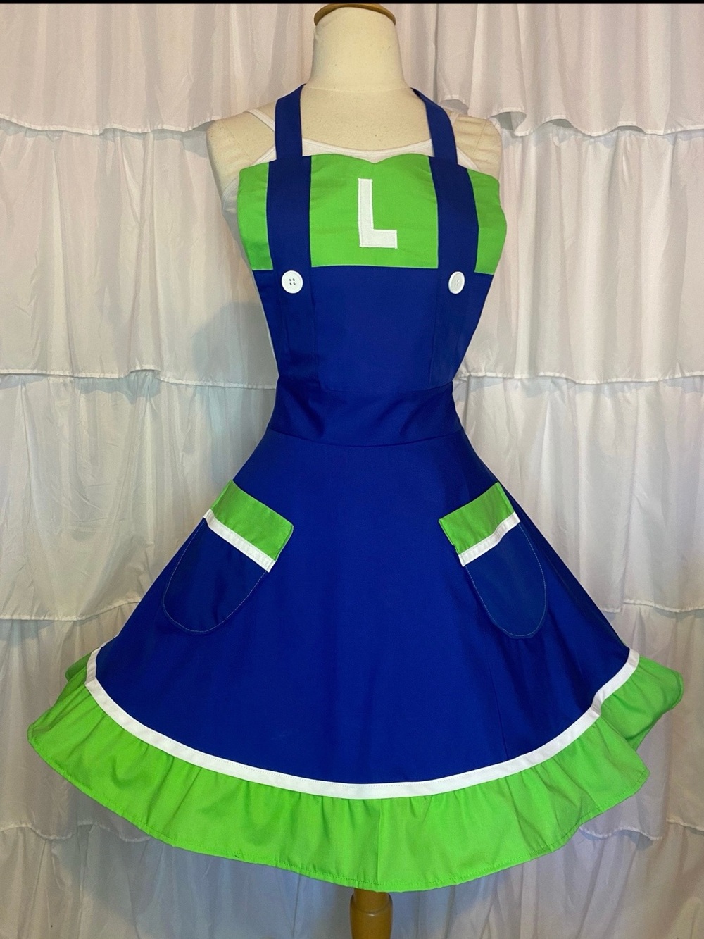 Blue & Green Retro Apron Dress with 'L' Detail